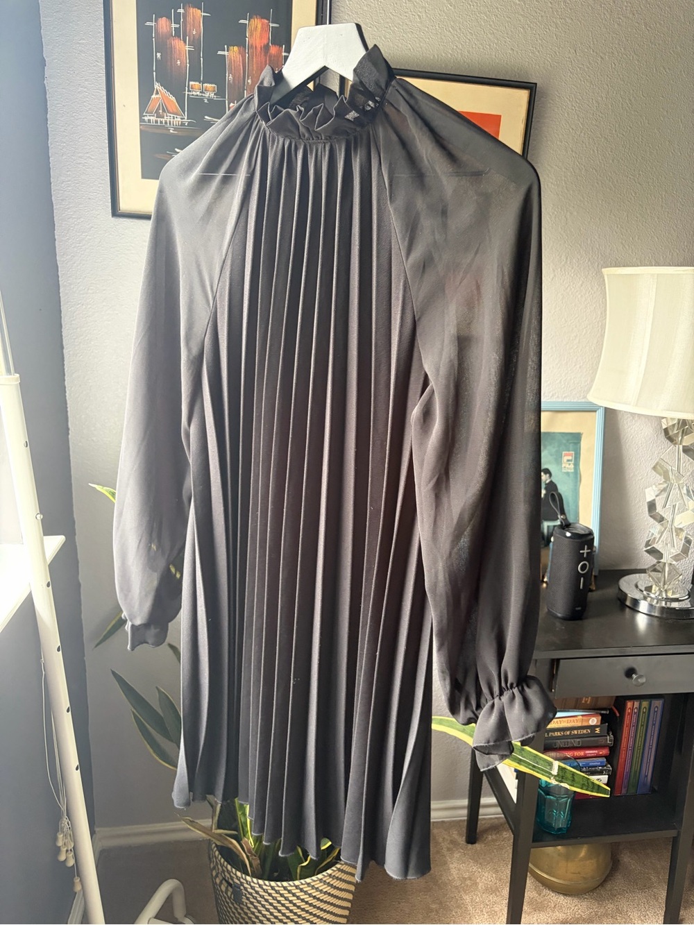 Zara Black Pleated Long-Sleeve Dress with High Gathered Neck